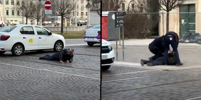 Video----------Scen-incredibil-n-centrul-Oradiei-Un-susintor-al-lui-Clin-Georgescu-a-fcut-flotri-pe-linia-de-tramvai-Brbatul-a-fost-sltat-de-poliie