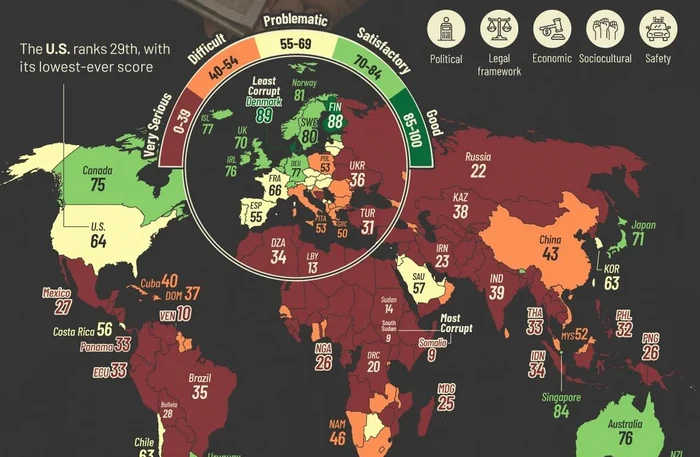 Harta corupției 2025: România are 45 de puncte în Indicele de Percepție a Corupției