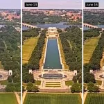 Bazinul Reflecting Pool, renovat pentru aproape 15 milioane de dolari, e invadat de alge; stratul albastru se desprinde