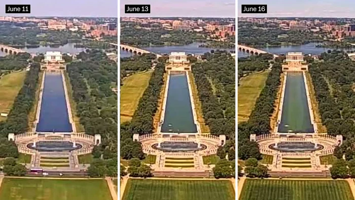 Bazinul Reflecting Pool, renovat pentru aproape 15 milioane de dolari, e invadat de alge; stratul albastru se desprinde