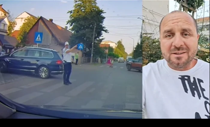 Un polițist scapă în ultima clipă de o mașină lăsată nesigură; șoferul o oprește din mers