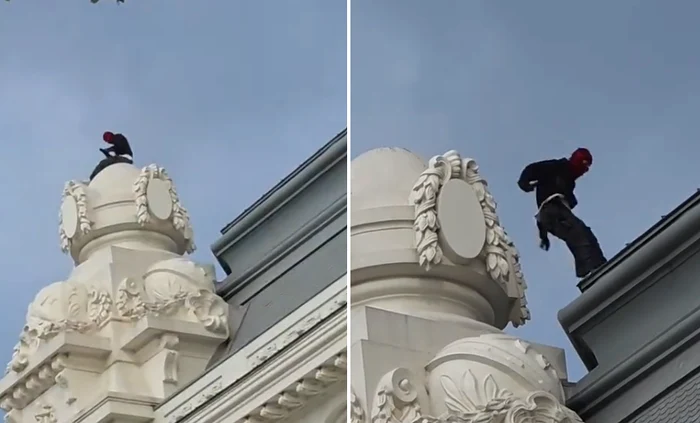 „Spiderman” de Constanța: un bărbat mascat s-a urcat pe cupola Cazinoului pentru un selfie