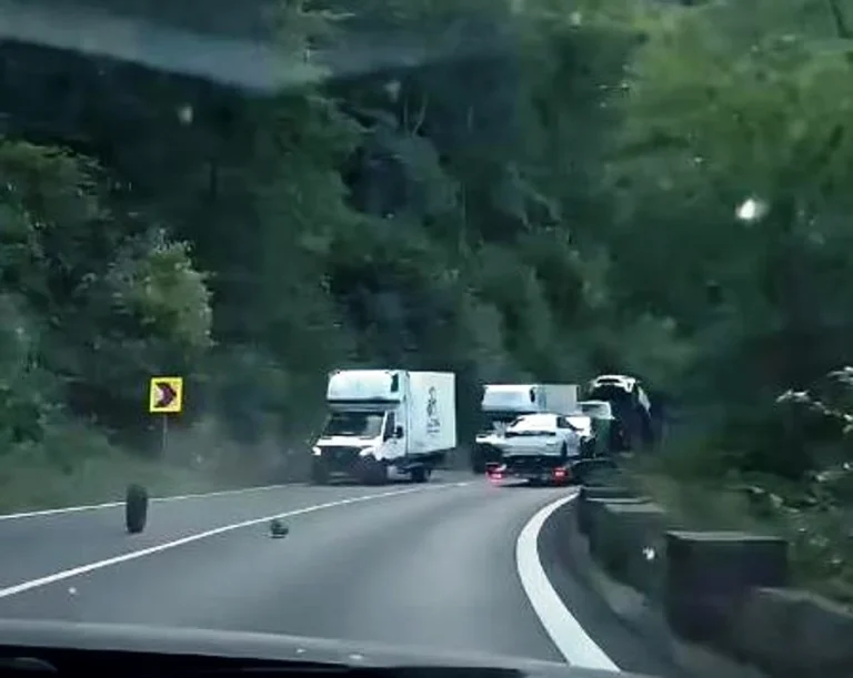 O platformă din Argeș a pierdut o roată pe Valea Oltului și a mai mers peste 10 km până a fost oprită