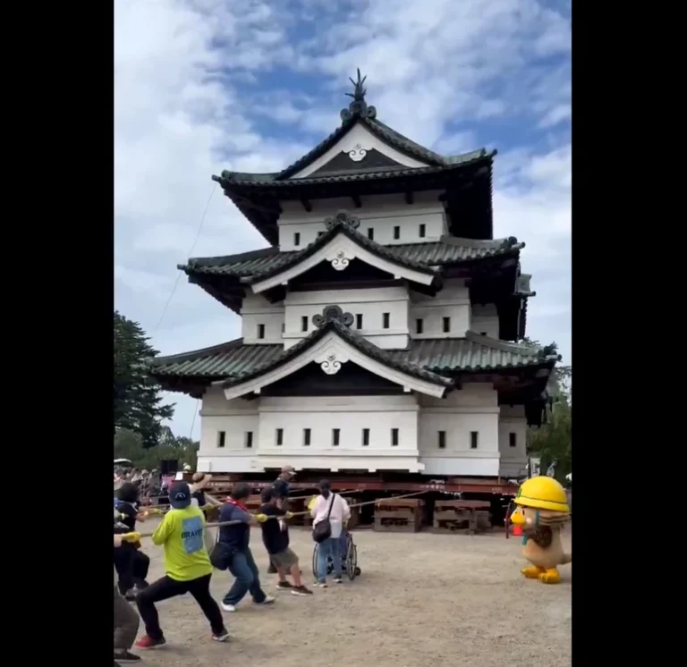 Turn de castel de 360 de tone mutat cu frânghii la Hirosaki; 1.800 de persoane au tras la operațiune