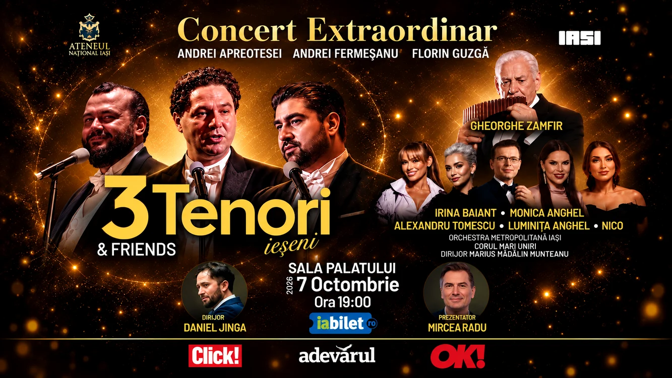„3 Tenori ieșeni & Friends”: Andrei Apreotesei, Andrei Fermeșanu și Florin Guzgă în concert la Sala Palatului