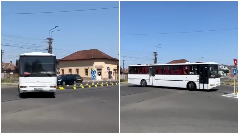 Un autobuz a rămas blocat în sensul giratoriu din Carei; manevre repetate și critici pe Facebook