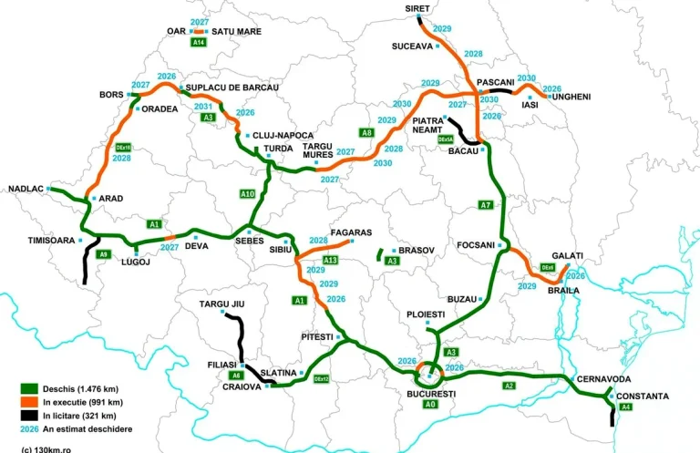 Harta autostrăzilor din România în 2026: aproape 1.500 km deschiși, 991 km în lucru, dar regiuni încă izolate