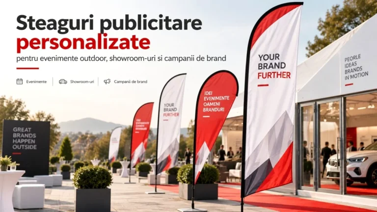 Steaguri publicitare personalizate — soluții vizibile pentru evenimente outdoor, showroom-uri și campanii de brand