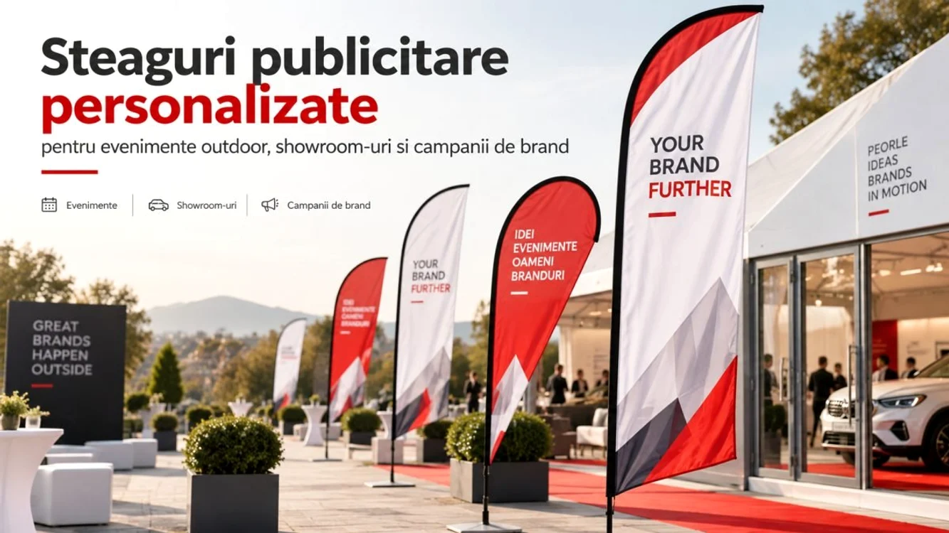 Steaguri publicitare personalizate — soluții vizibile pentru evenimente outdoor, showroom-uri și campanii de brand