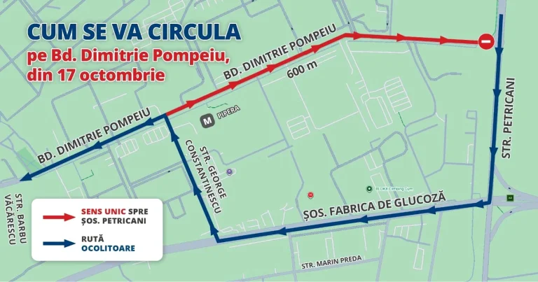 Sens unic temporar pe Bulevardul Dimitrie Pompeiu între 17 octombrie și 31 decembrie 2026