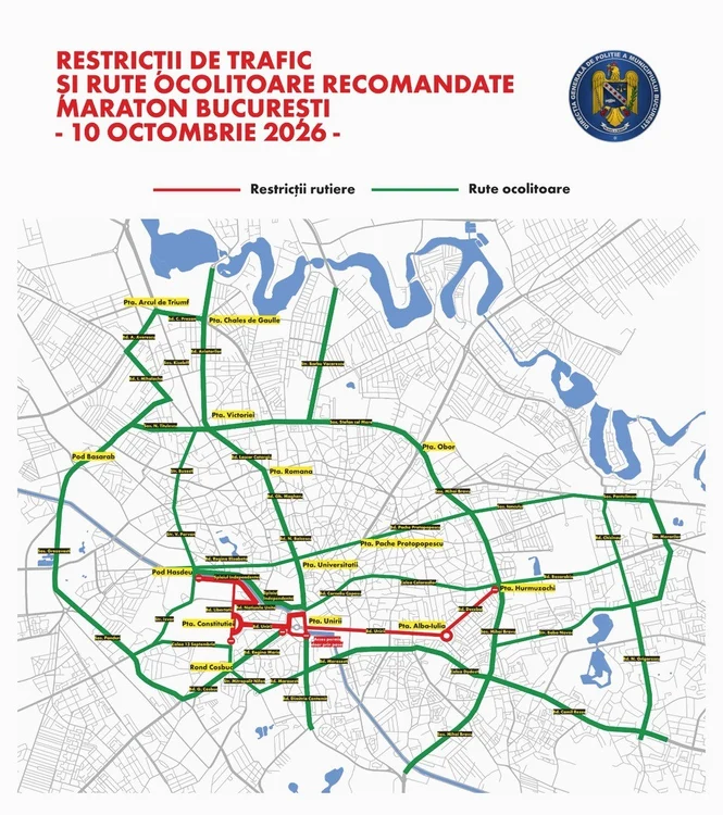 Trafic restricționat în București pe 10–11 octombrie pentru cea de-a XIX‑a ediție a Maratonului